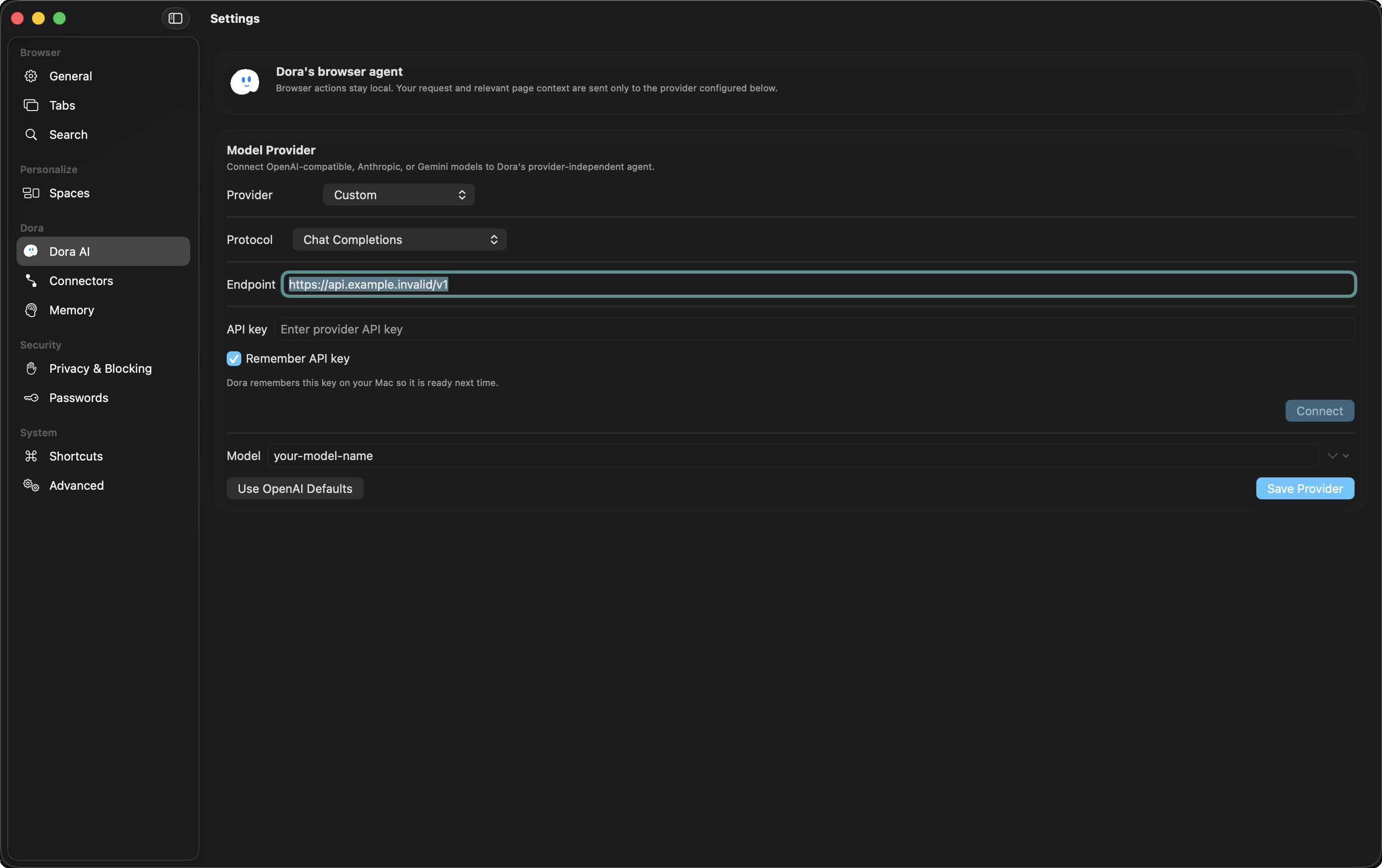 Dora AI provider settings with placeholder values and no private keys