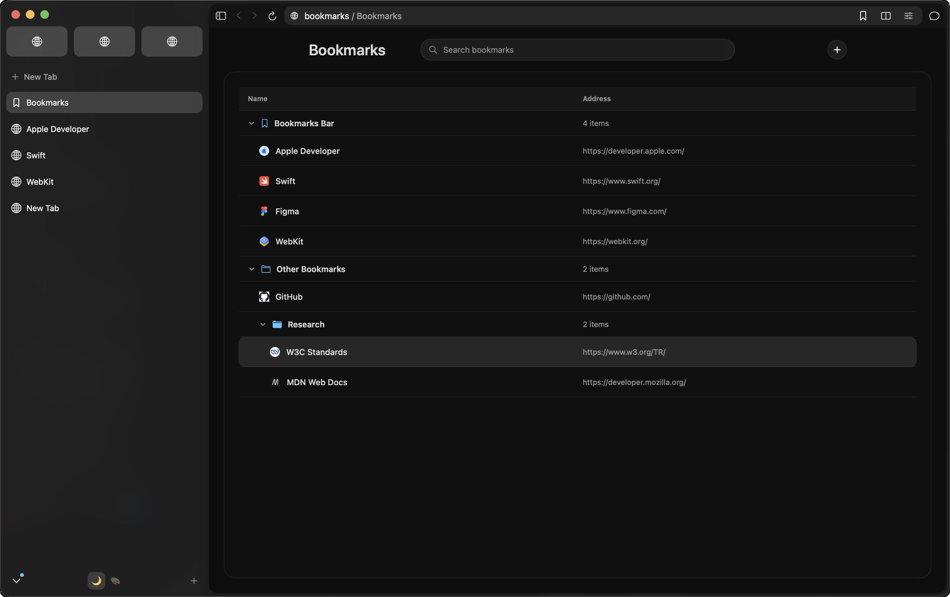 Organize your saved pages. Group bookmarks into folders and nested collections, with search when you need it.
