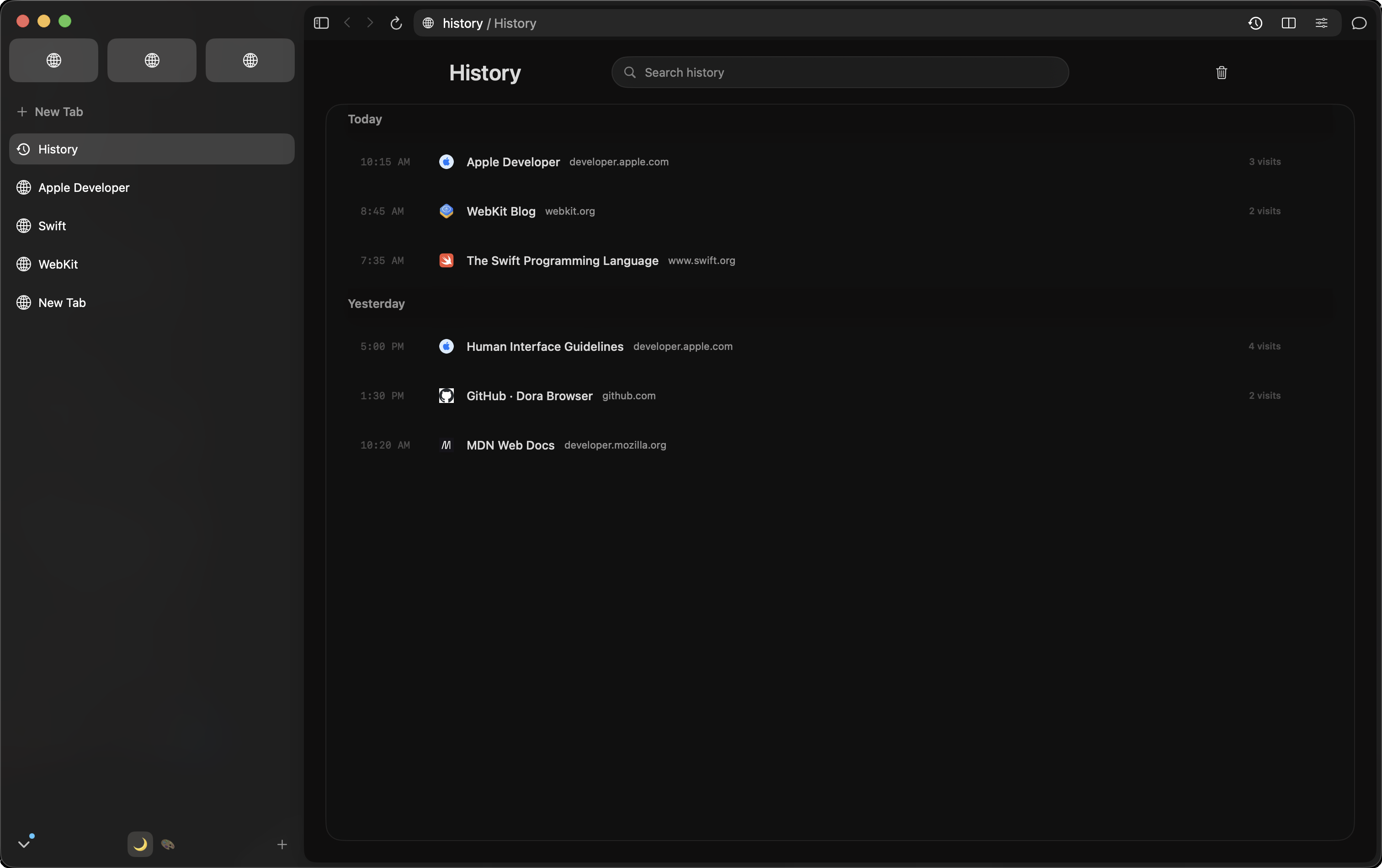 Revisit your browsing history. Find previously visited pages in a searchable history grouped by day.