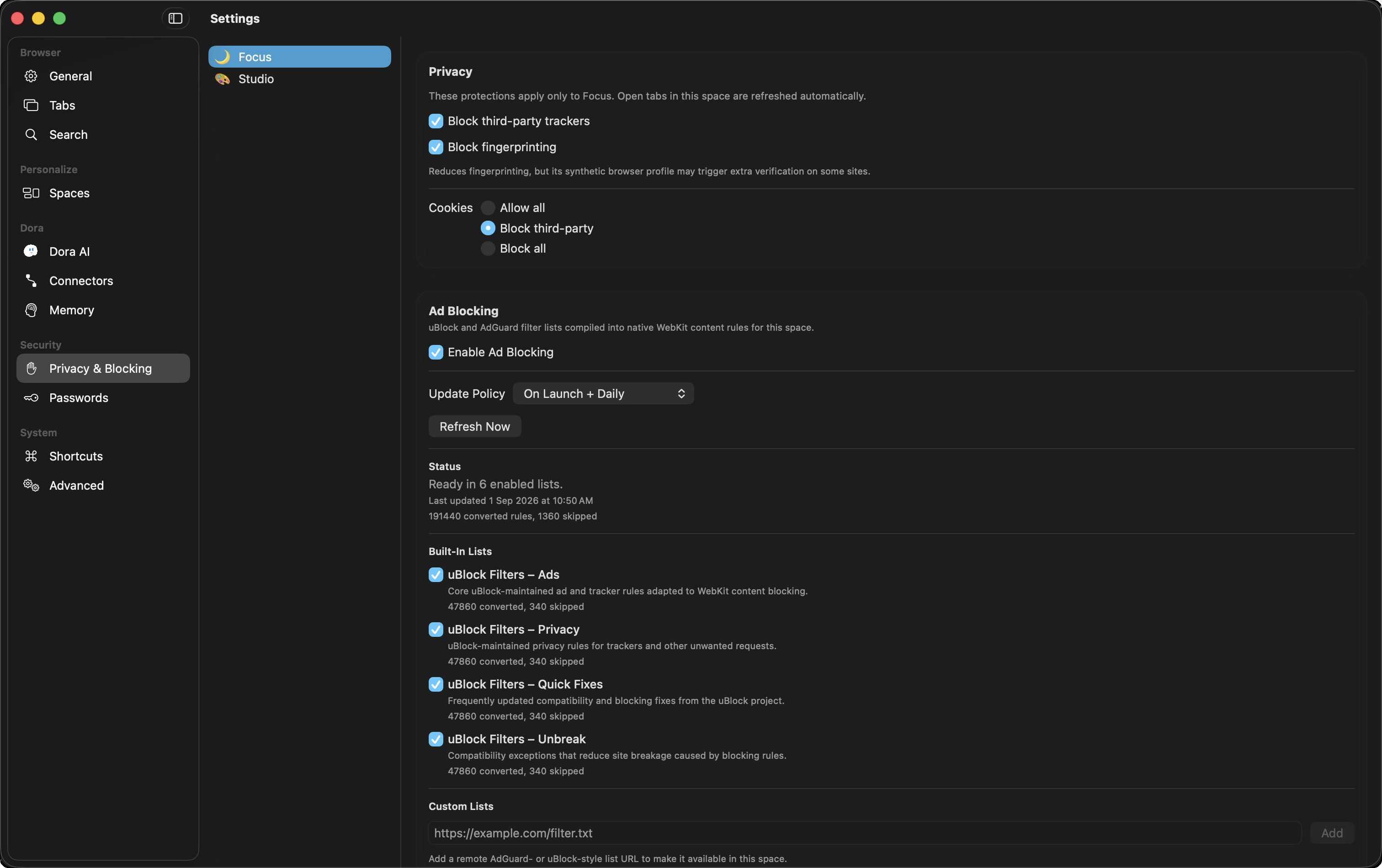 Set privacy controls per Space. Configure tracker blocking, cookie policies, and filter lists separately for each Space.