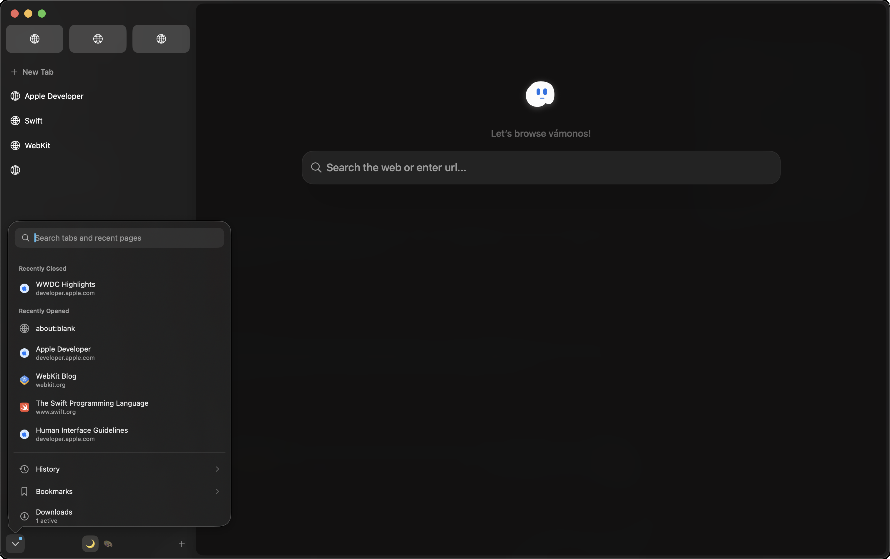 Find tabs and recent activity. Access open tabs, recently visited pages, bookmarks, and downloads from Quick Navigation.