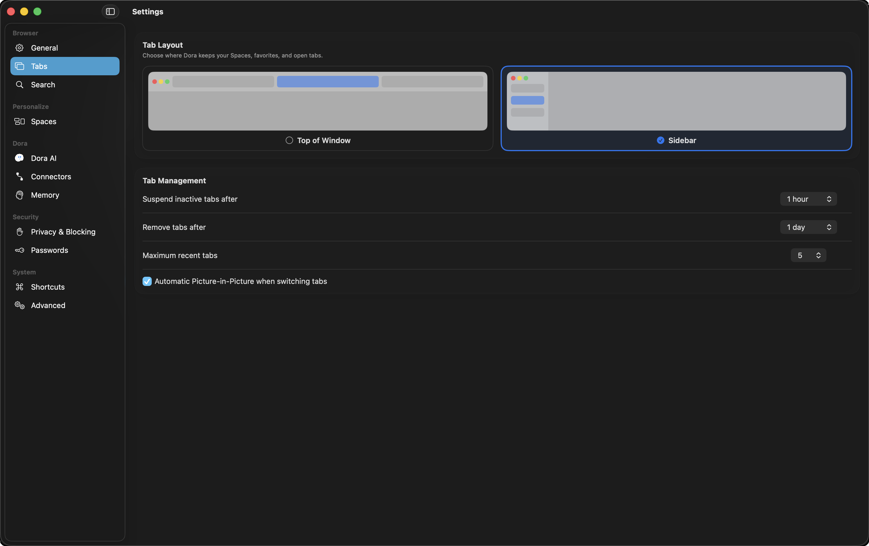 Choose your tab layout. Switch between a vertical sidebar and tabs across the top of the window.